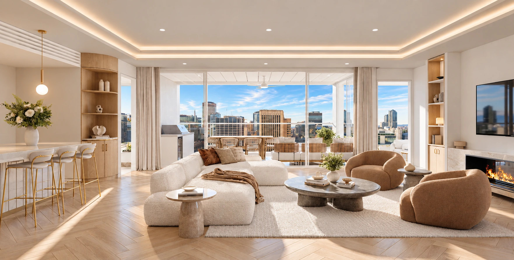 Sunlit northern residence with sculptural seating, warm timber, natural stone, a fireplace and a generous balcony over the Adelaide skyline.
