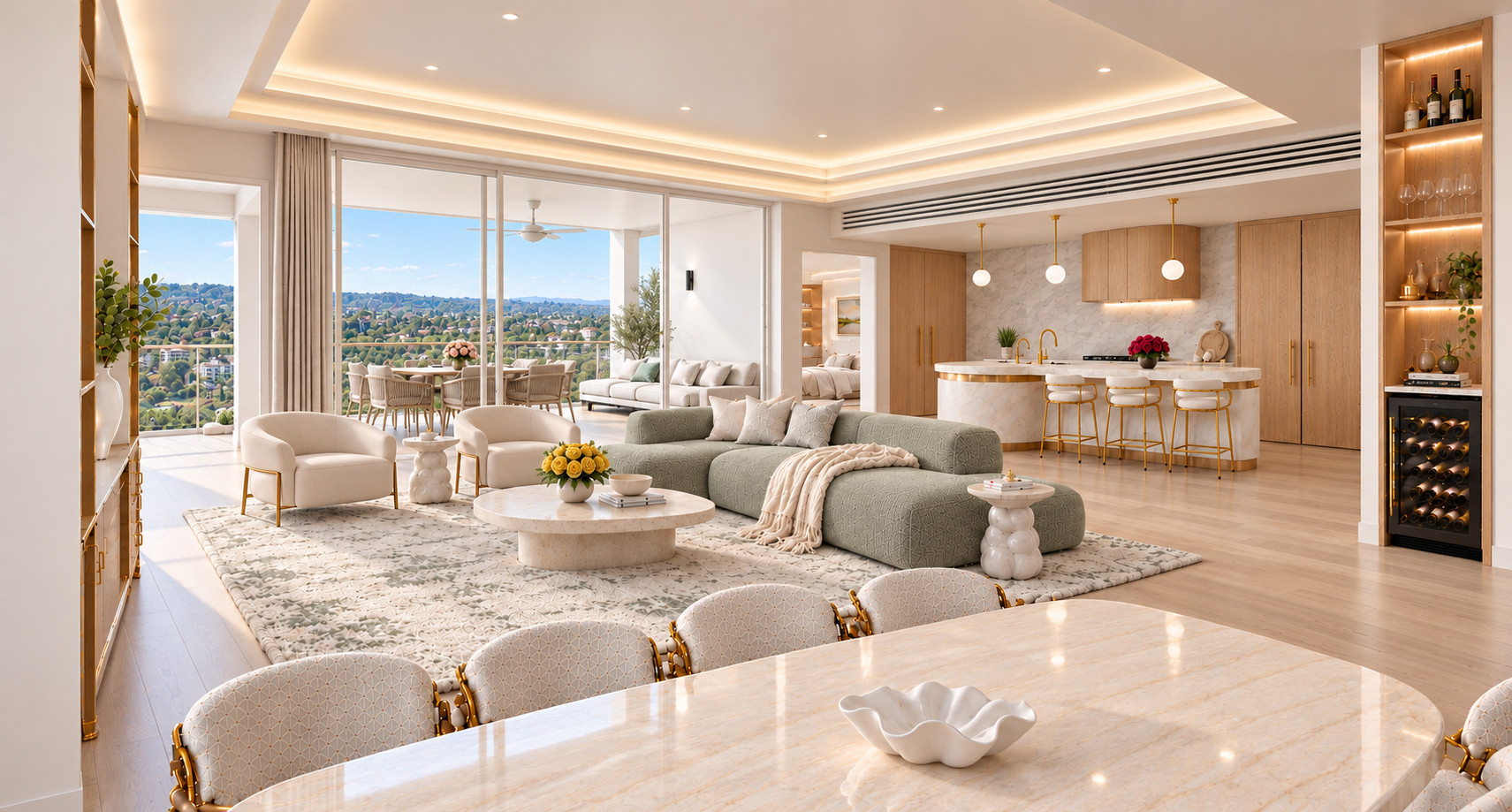 Sunlit southern residence with sage and ivory seating, a marble dining table, a curved stone kitchen island and wide glazing to the balcony and the green foothills beyond.