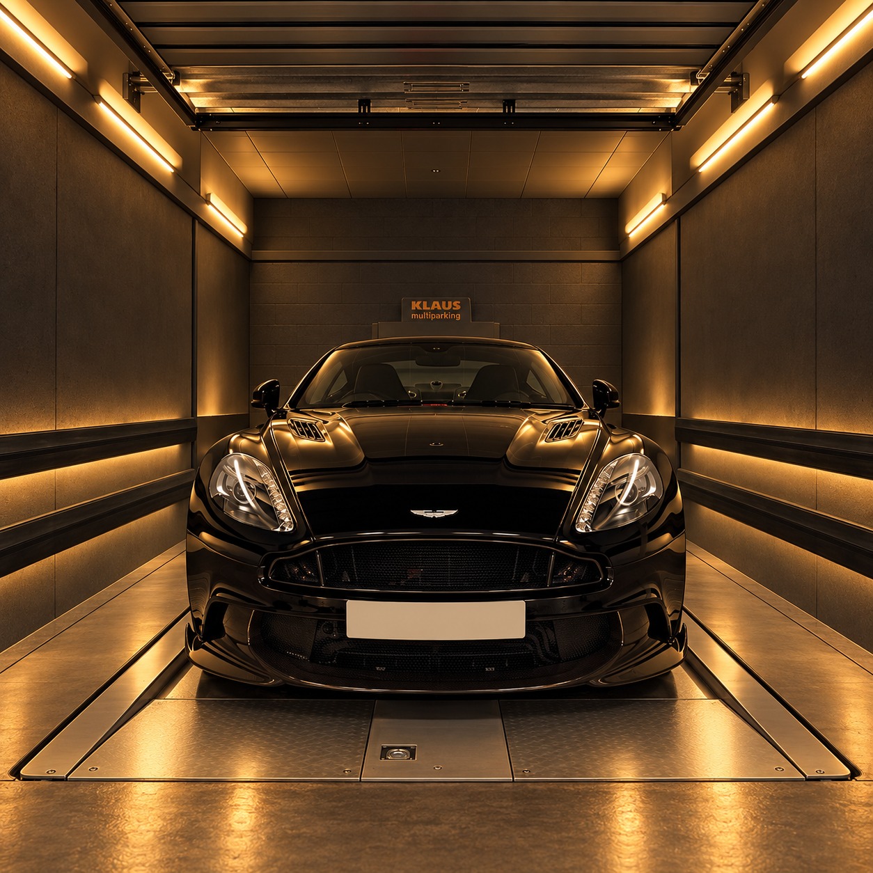 A single Klaus automated parking bay in warm amber light, with a black sports car resting on the platform.