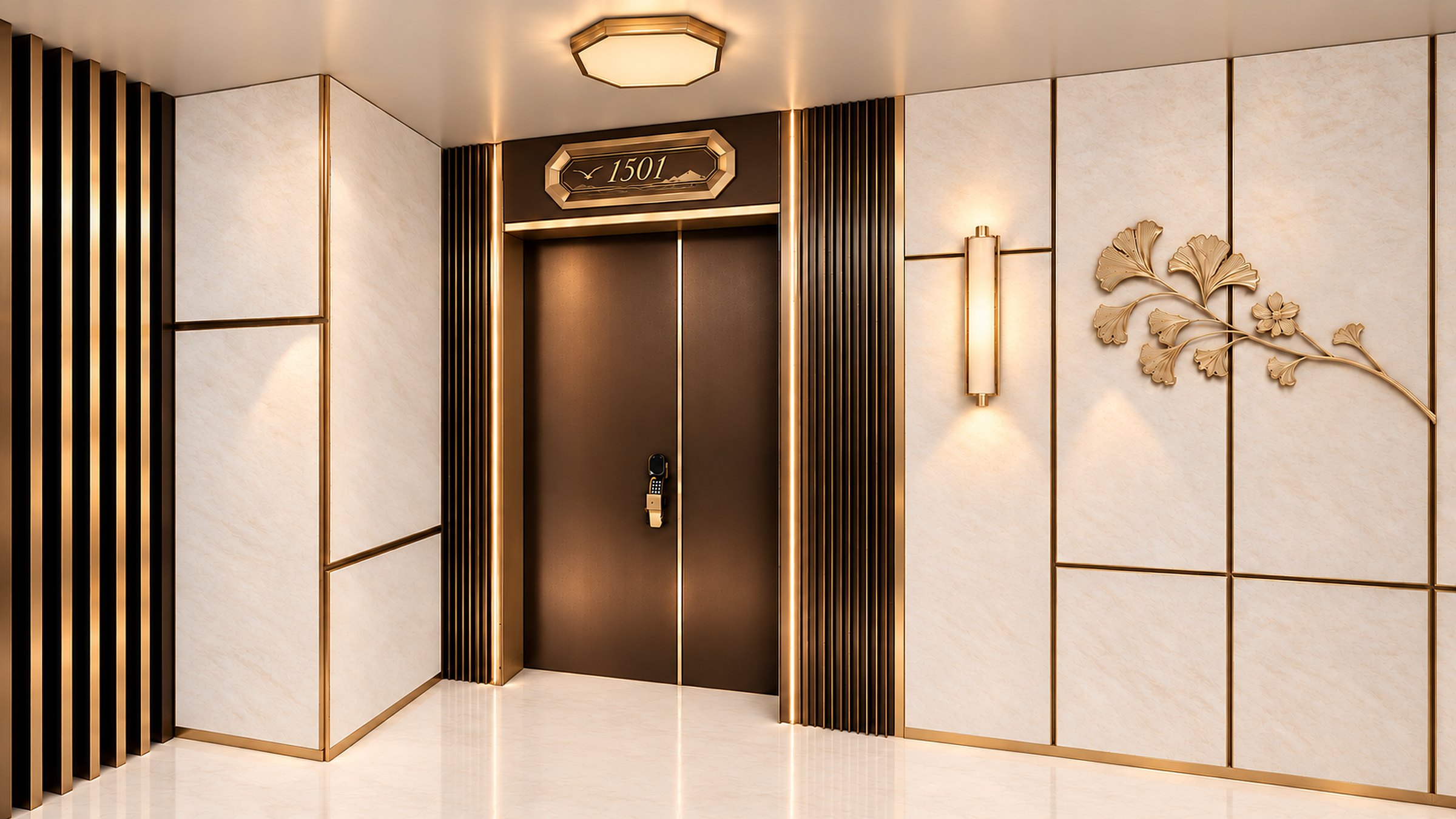A private portico with a bronze double door numbered 1501, a gold-framed octagonal ceiling light, a gilded ginkgo-leaf wall feature and brass and cream panelling in warm light.