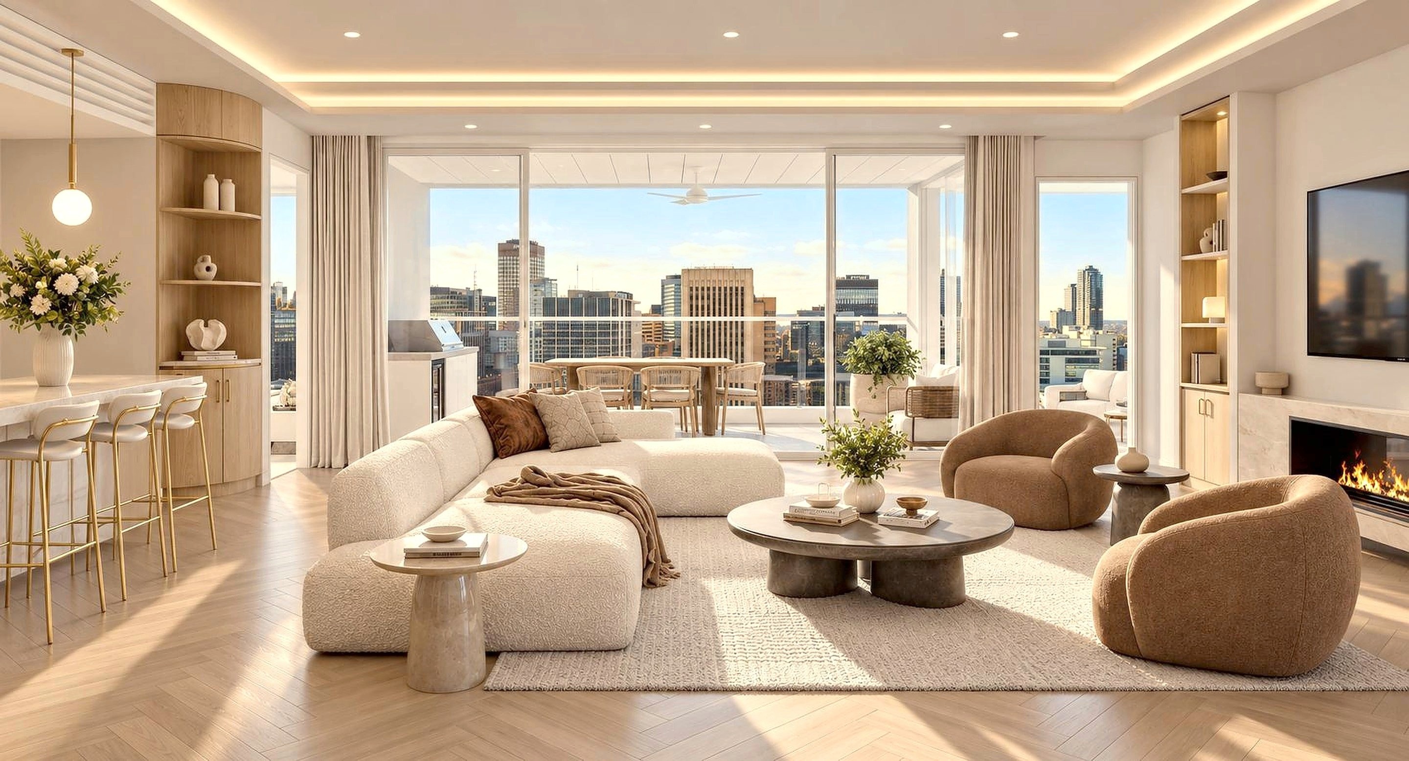 New Dawn living room with curved sofa, warm timber finishes and a balcony overlooking the Adelaide skyline.