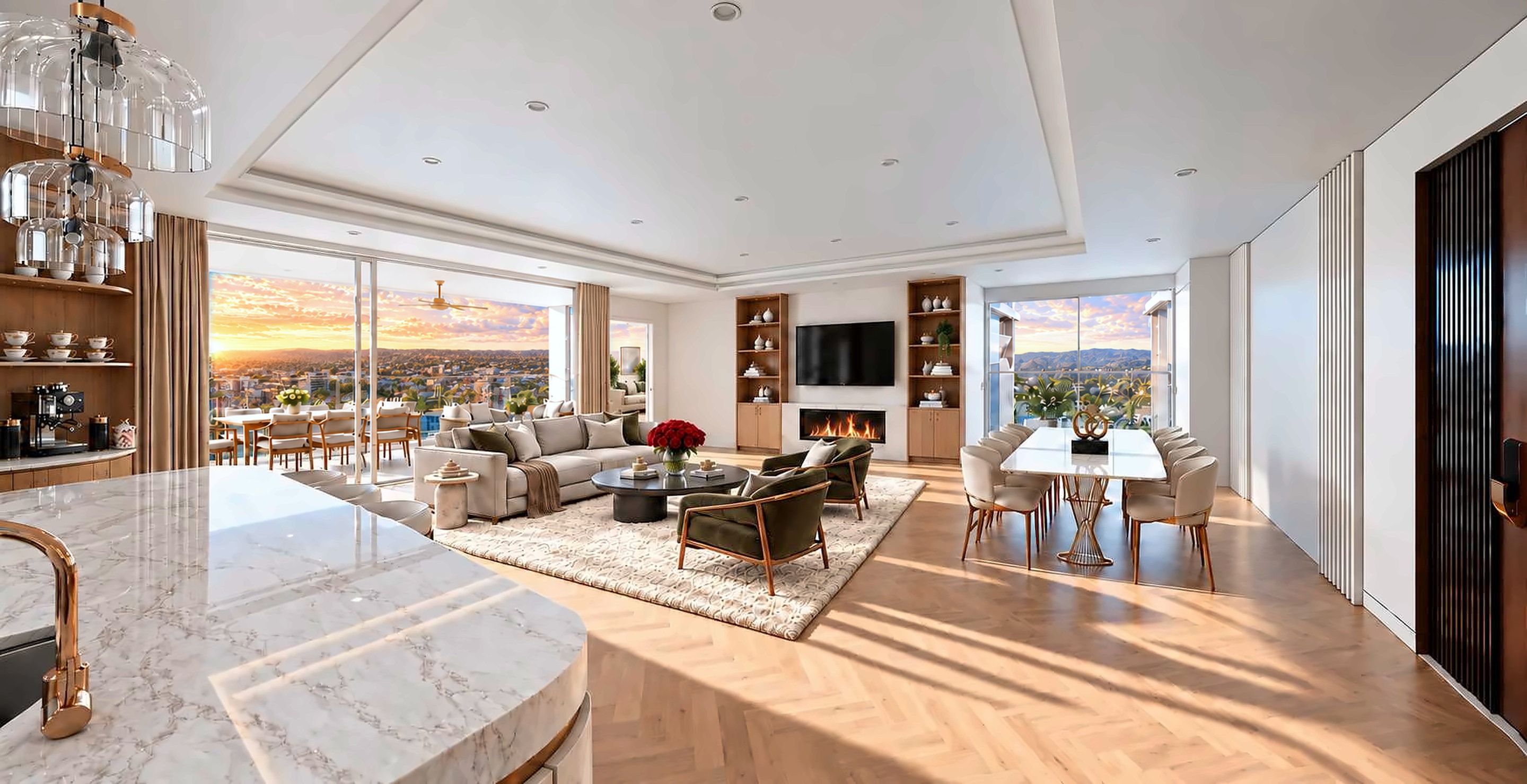 Open-plan kitchen, living and dining room seen past the island, with a long dining table, olive armchairs, a fireplace and the Adelaide foothills through the windows.