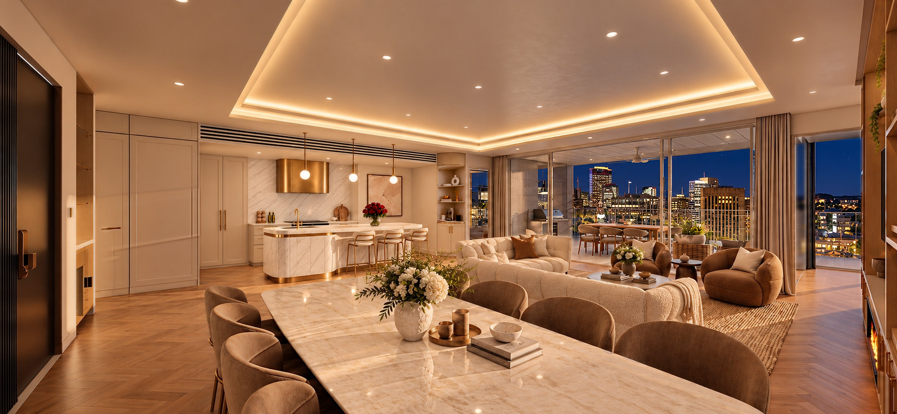Open-plan kitchen, living and dining room with a balcony and city views, seen across the dining table at night, with the city lights and a few stars beyond the balcony doors.