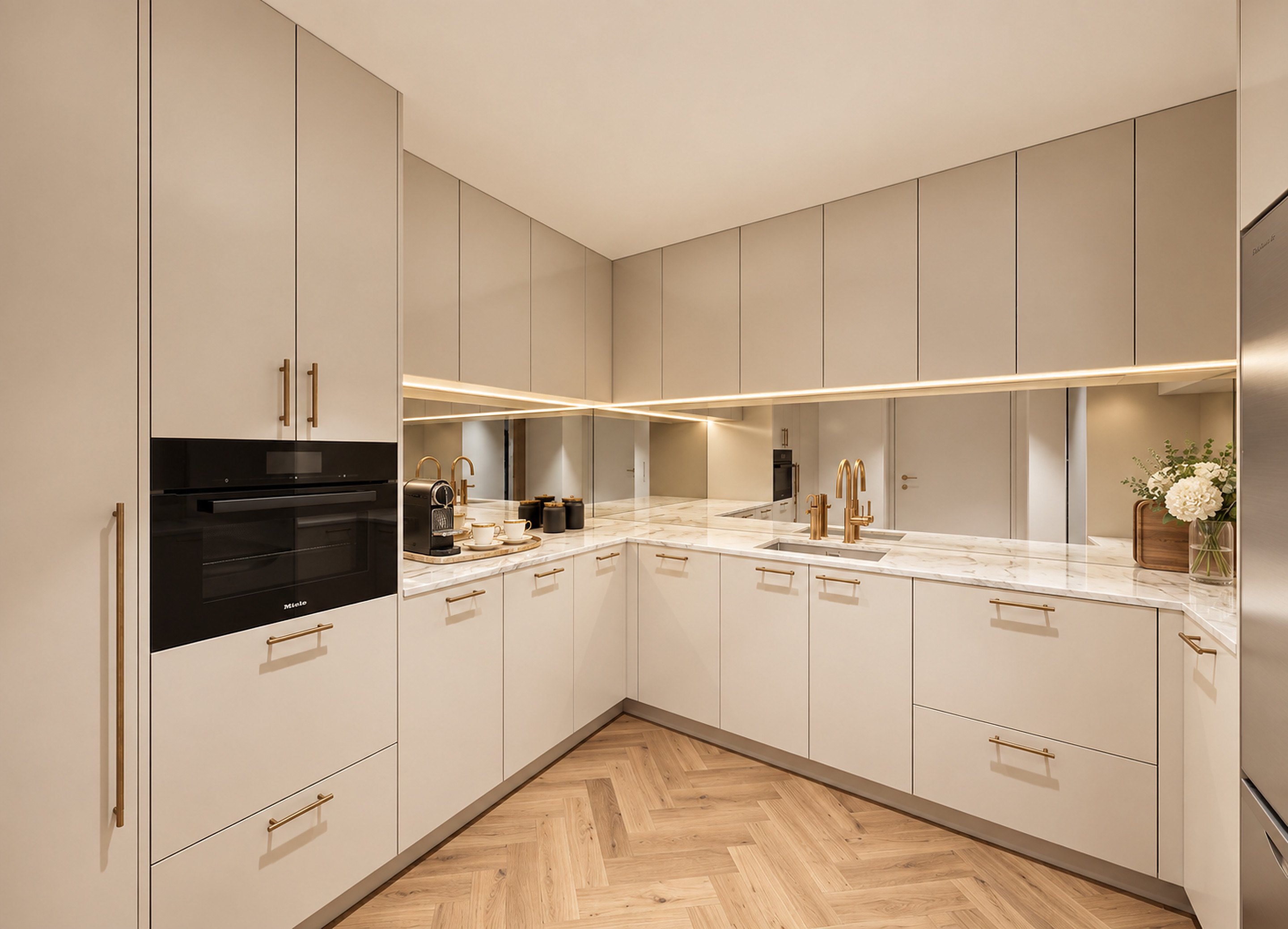 The concealed butler&rsquo;s kitchen, with soft two-pack joinery, brass handles, a mirrored splashback, marble benchtops and a Miele oven.