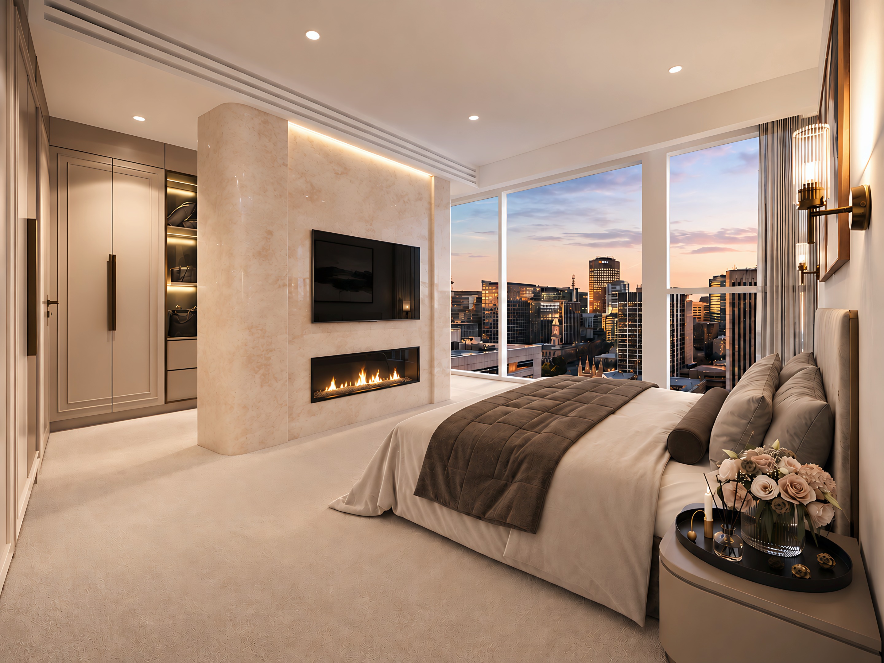 Northern master bedroom with a curved stone partition holding the television and fireplace, the walk-in robe beyond and the city at sunset.