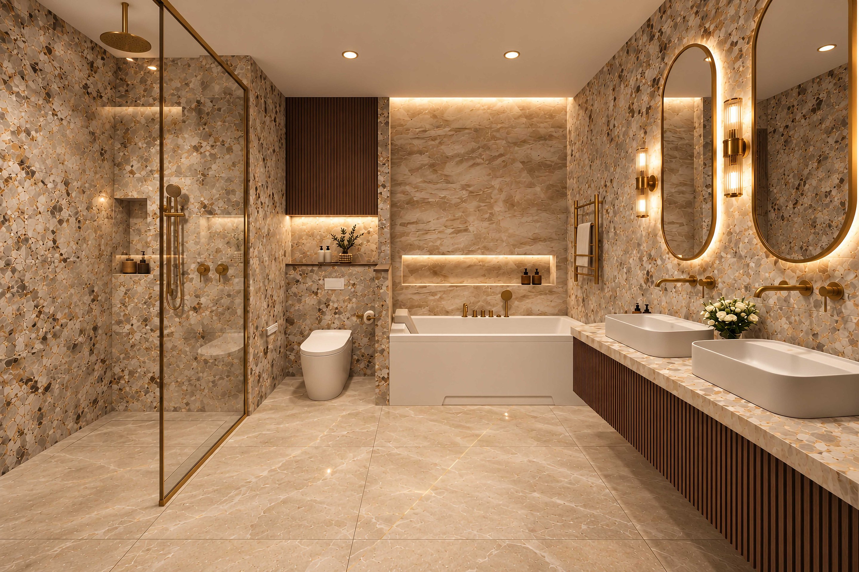 Master ensuite with pebble stone walls, a bath beneath a lit stone niche, walk-in shower and twin vessel basins with brass fittings.