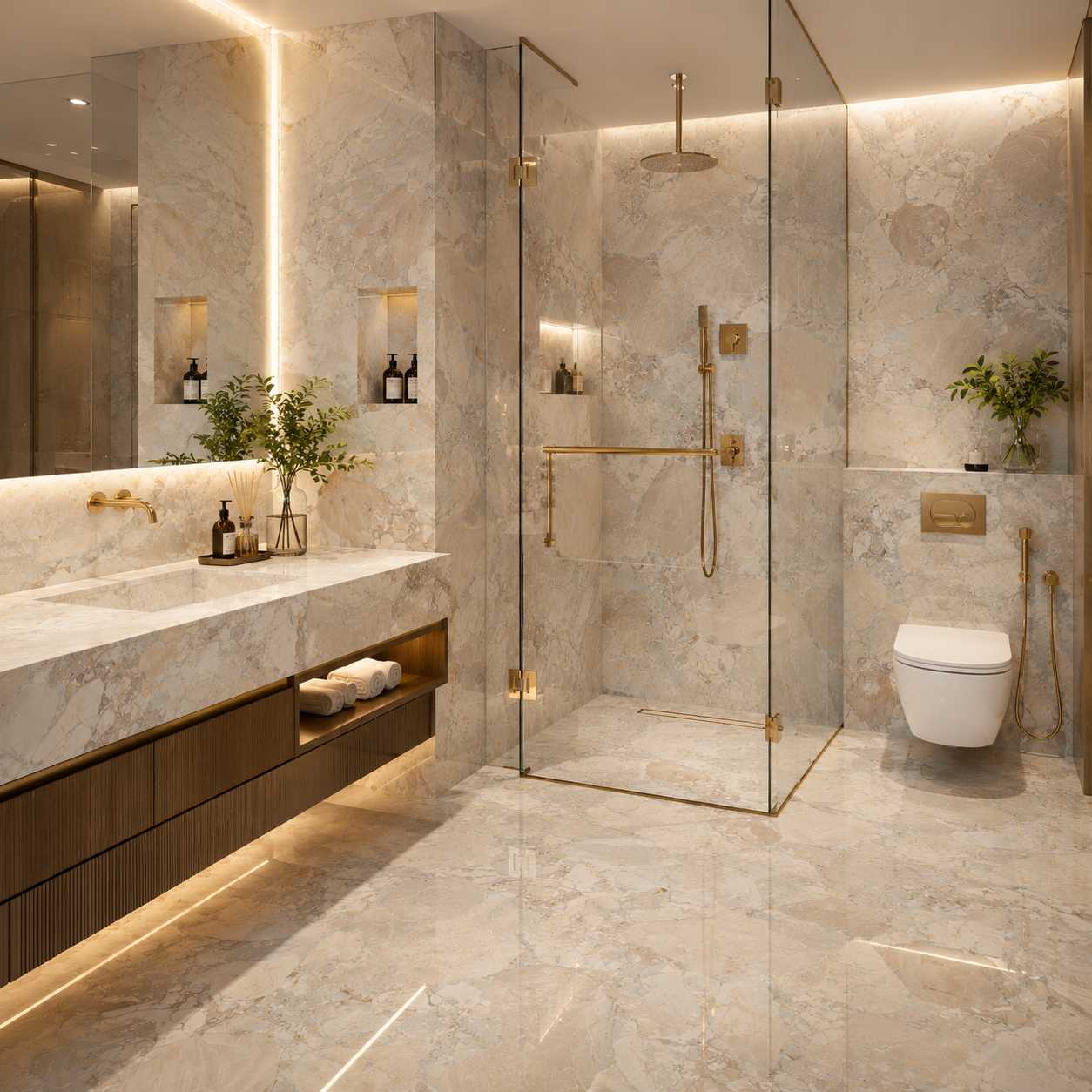 A private ensuite in pale natural stone, with a frameless glass shower, brass rain shower, floating vanity and wall-hung toilet.