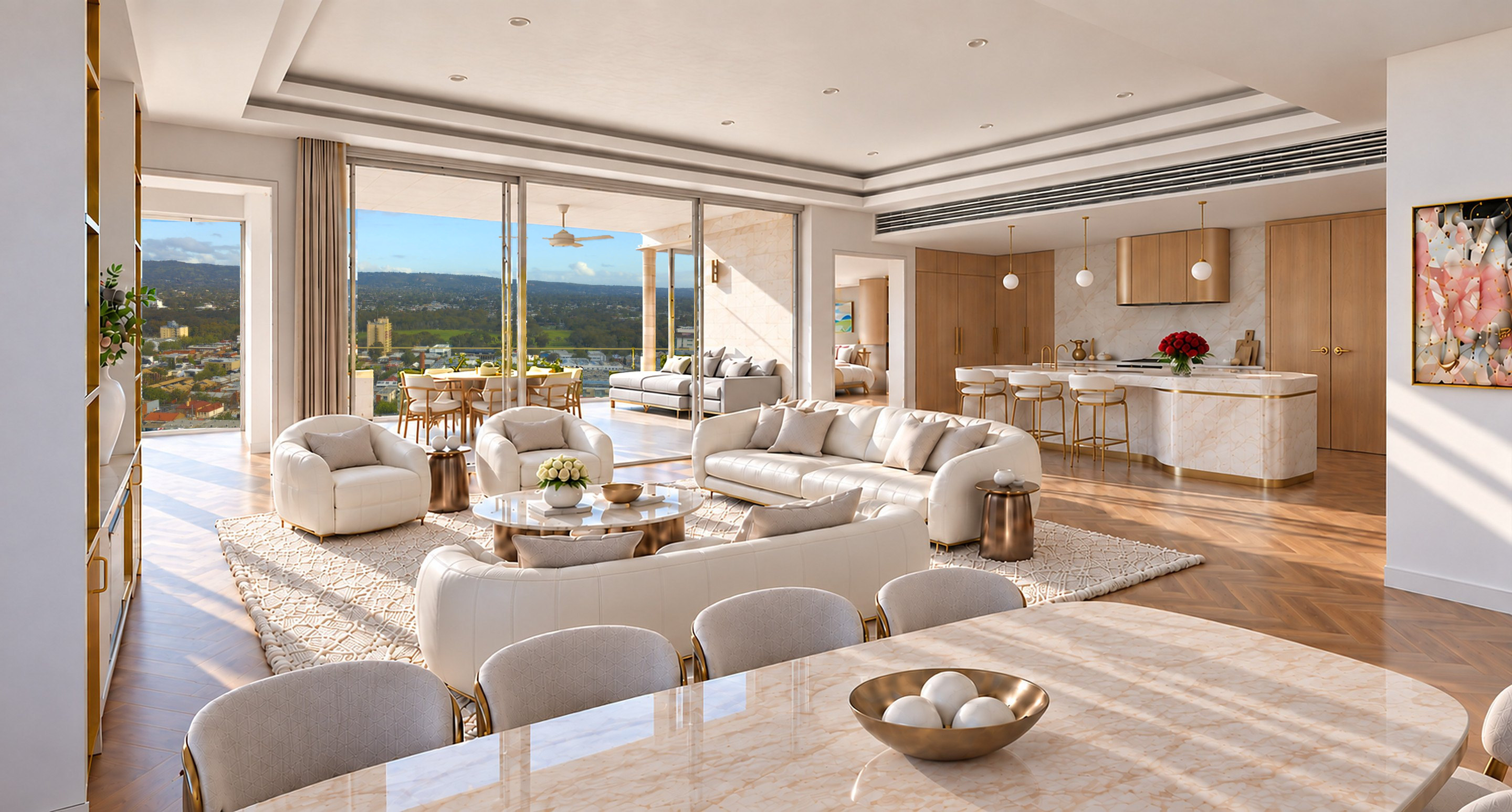 A southern residence in afternoon light, with curved cream sofas, a marble island with red roses and the Adelaide foothills through full-height glass.