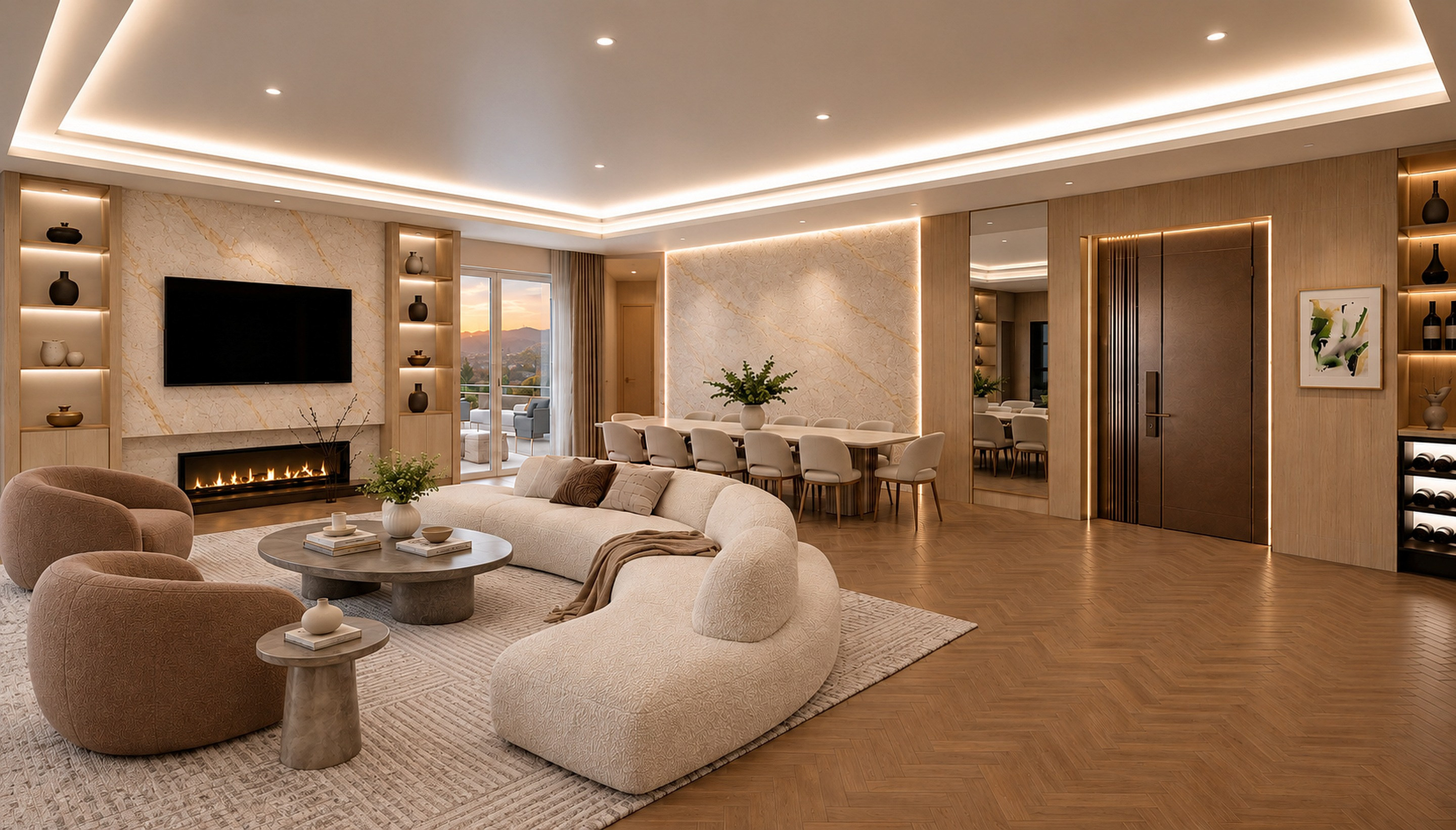 Open-plan living and dining room with a fireplace, curved sofa and herringbone timber floor, with the sunrise beyond the balcony doors.