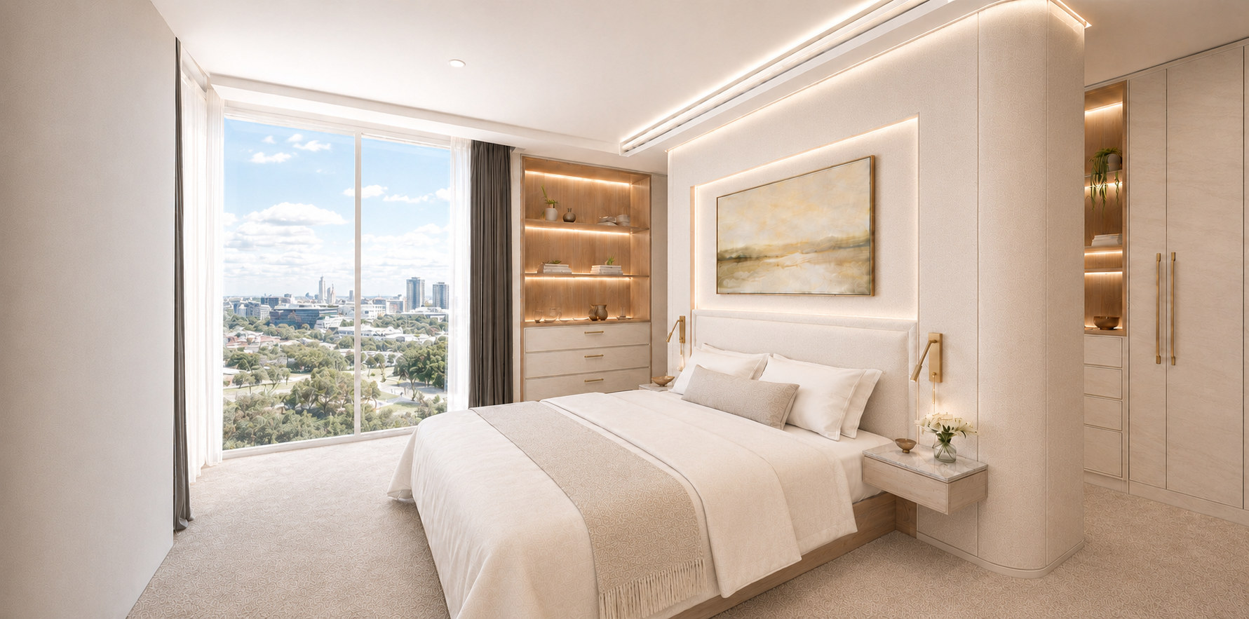 Southern master bedroom in soft cream, with a lit timber shelf niche, an upholstered bedhead wall and full-height glass looking over the parklands to the city.