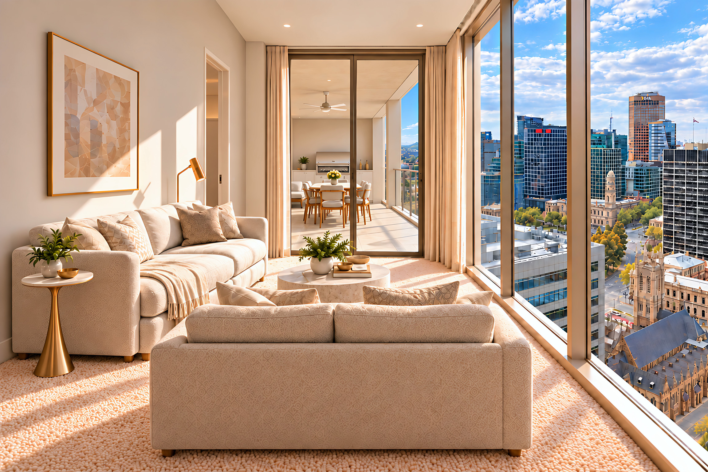 Family room with cream sofas, a round stone coffee table and full-height corner glass over the Adelaide skyline, opening to a covered balcony with outdoor dining.