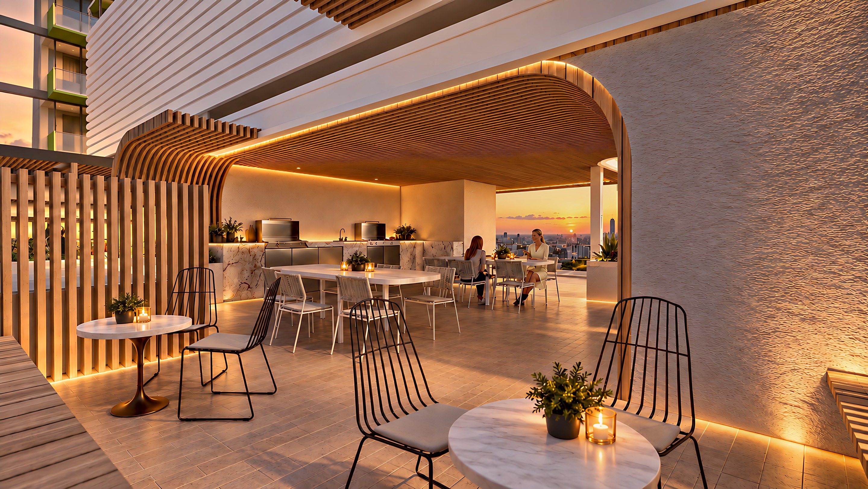Rooftop dining table and outdoor kitchen beneath a curved timber pergola, residents gathered at sunset.