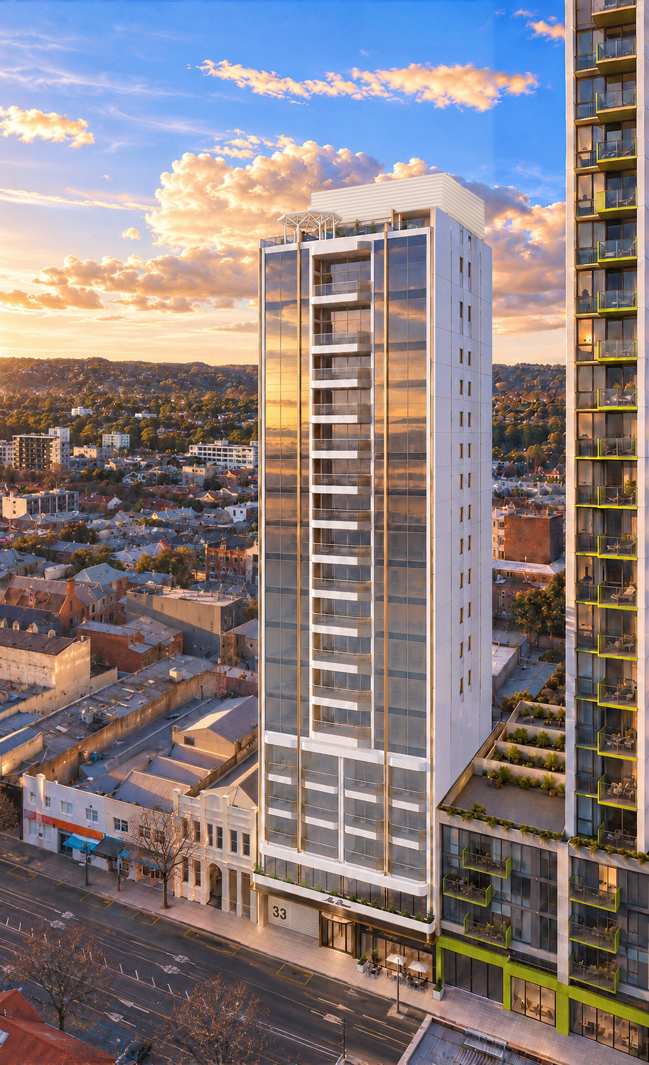 The New Dawn tower, seen from above at golden hour, full elevation.