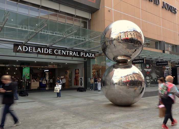 The silver spheres sculpture on Rundle Mall.