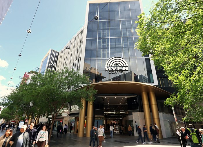 The gold-columned entrance to the Myer Centre on Rundle Mall.