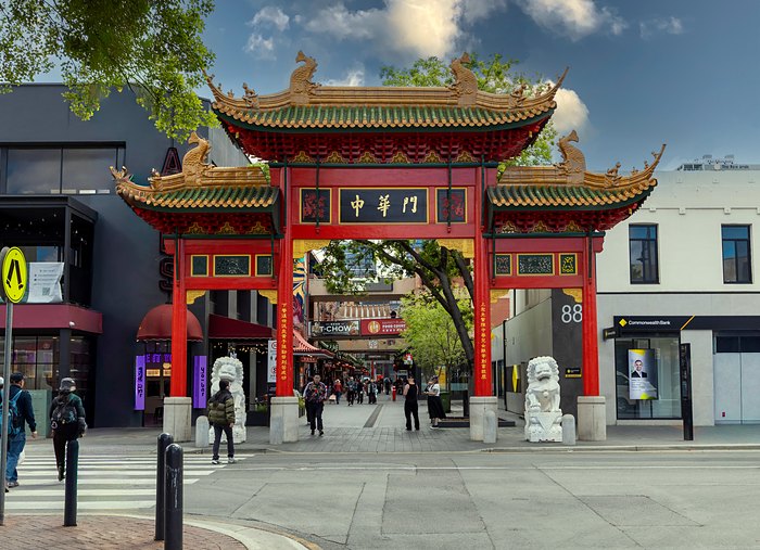 The red and gold Chinatown gate on Moonta Street.