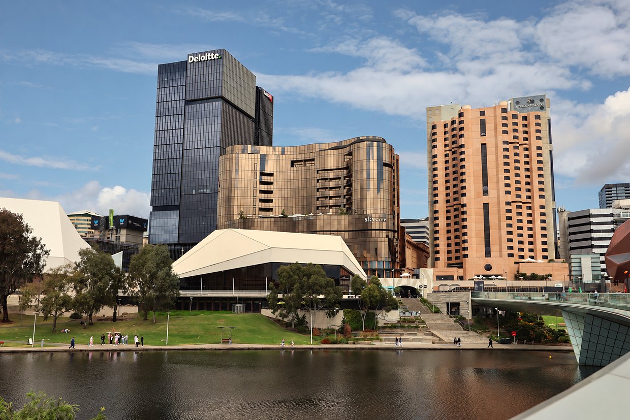 The Festival Centre and city skyline across the River Torrens.
