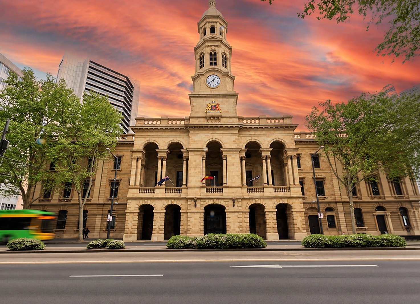 Adelaide Town Hall and its clock tower on King William Street.
