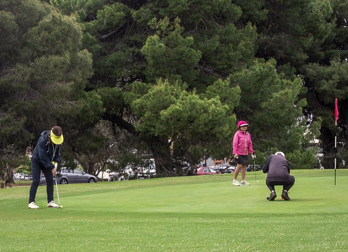 Golfers on a green at North Adelaide Golf Course.