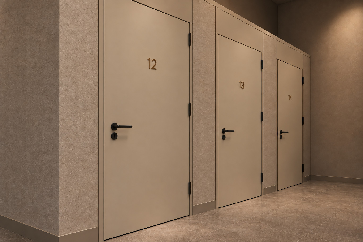 A corridor of numbered private storage rooms with black lever handles.