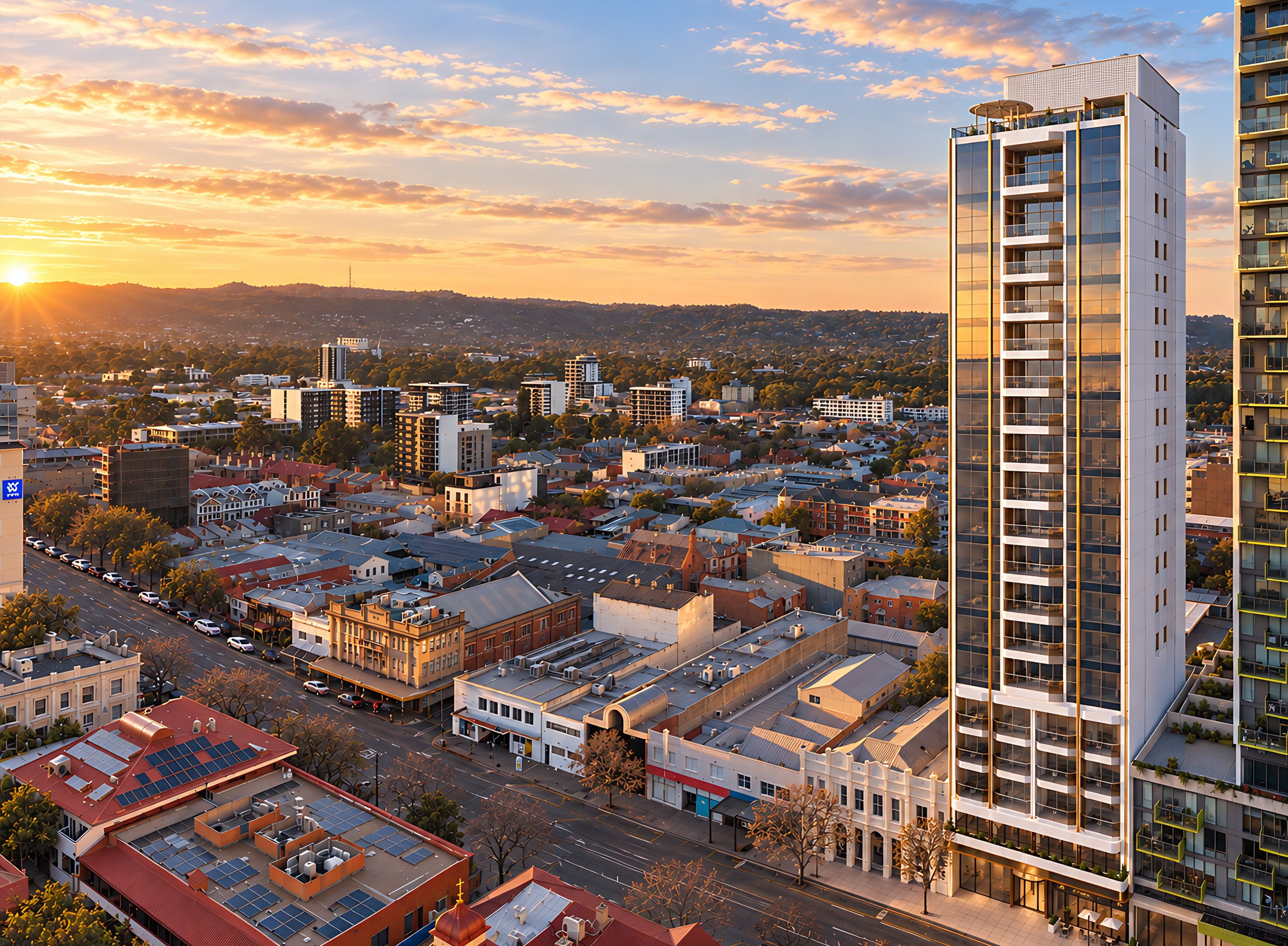 The New Dawn tower on Angas Street at sunrise, with the city streetscape, the Adelaide foothills and the rising sun beyond.