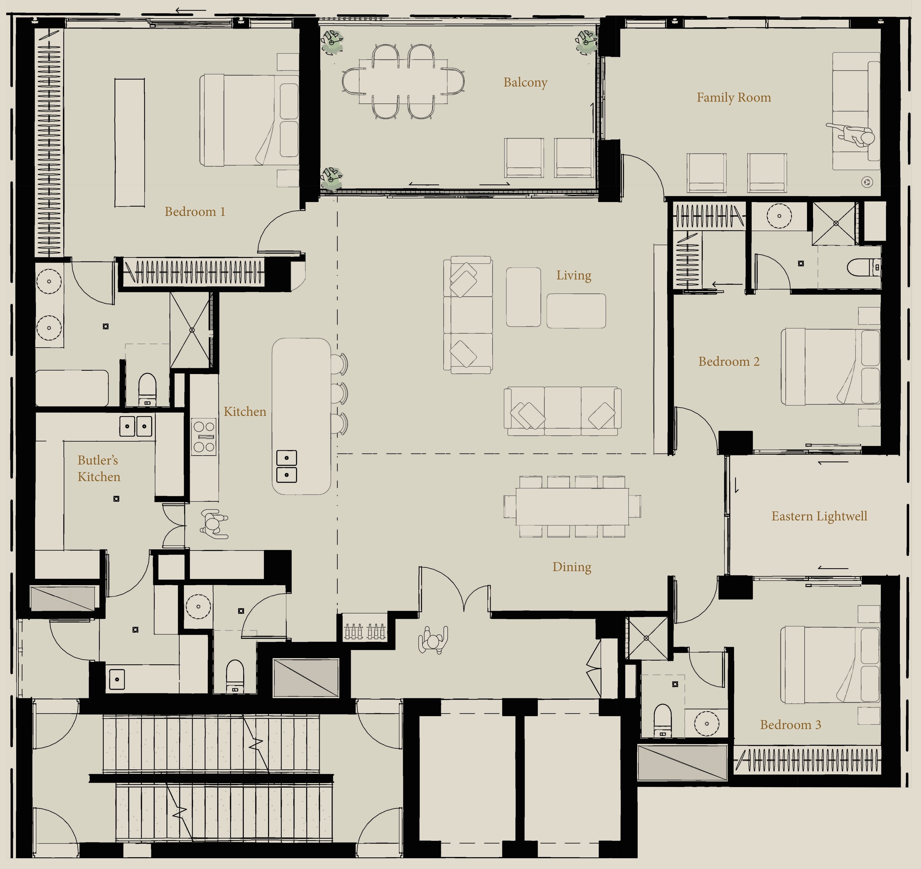 Indicative Northern residence concept plan, with living and dining areas, kitchen and butler’s kitchen, family room, bedroom spaces and balcony.