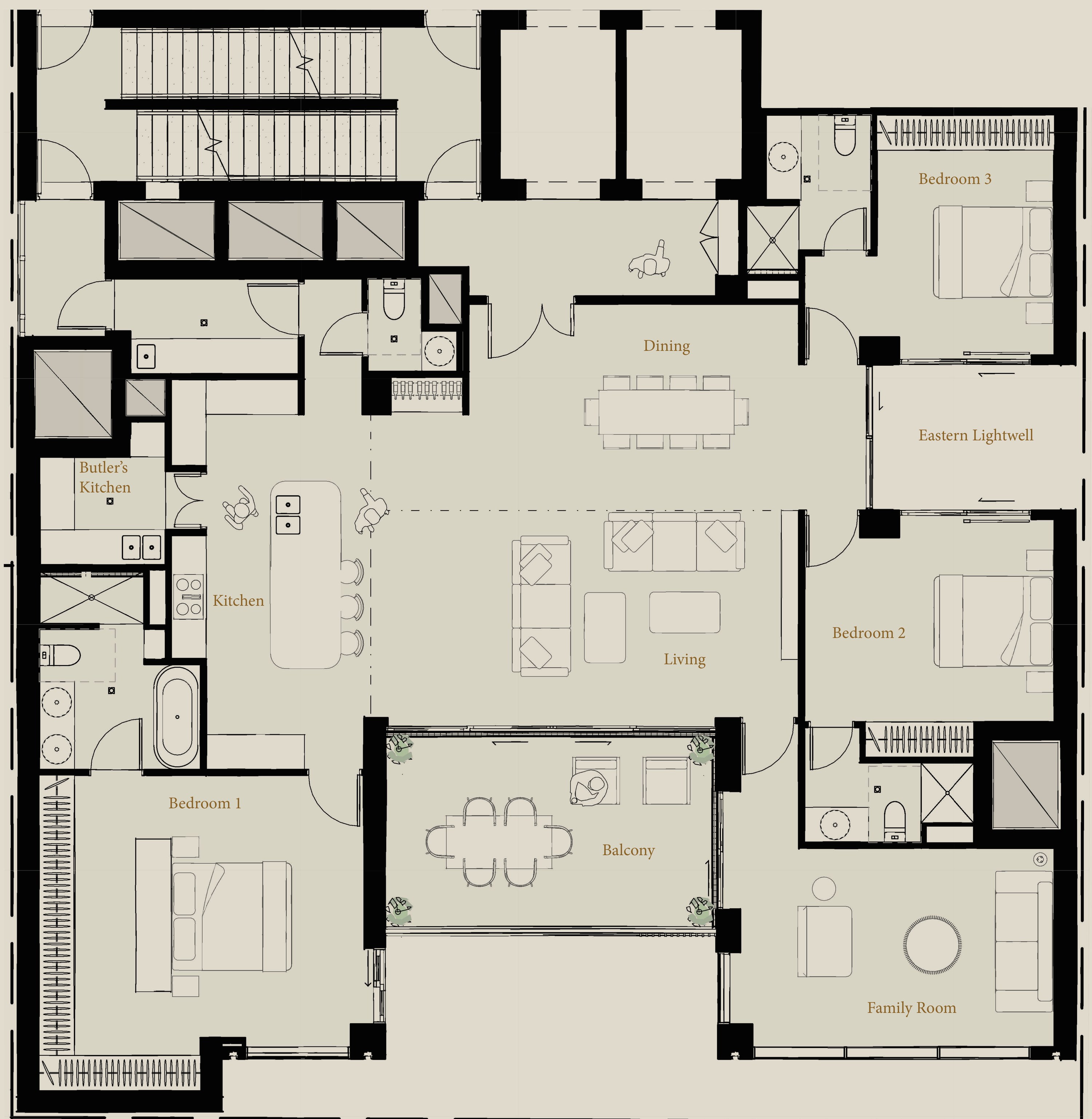Indicative Southern residence concept plan, with living and dining areas, kitchen and butler’s kitchen, family room, bedroom spaces and balcony.